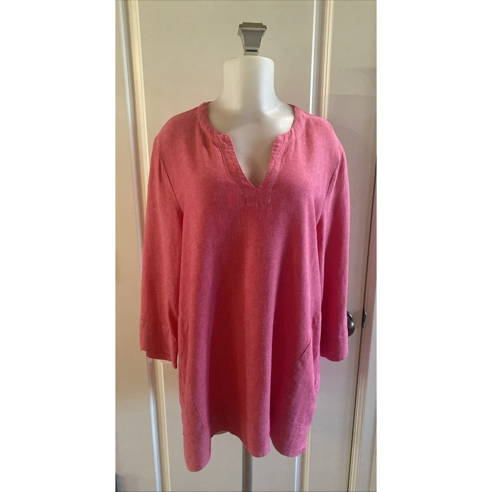 Lands End‎  Shirt 3/4 Sleeve V Neck Tunic Lagenlook Linen Blend Pockets Pink- L